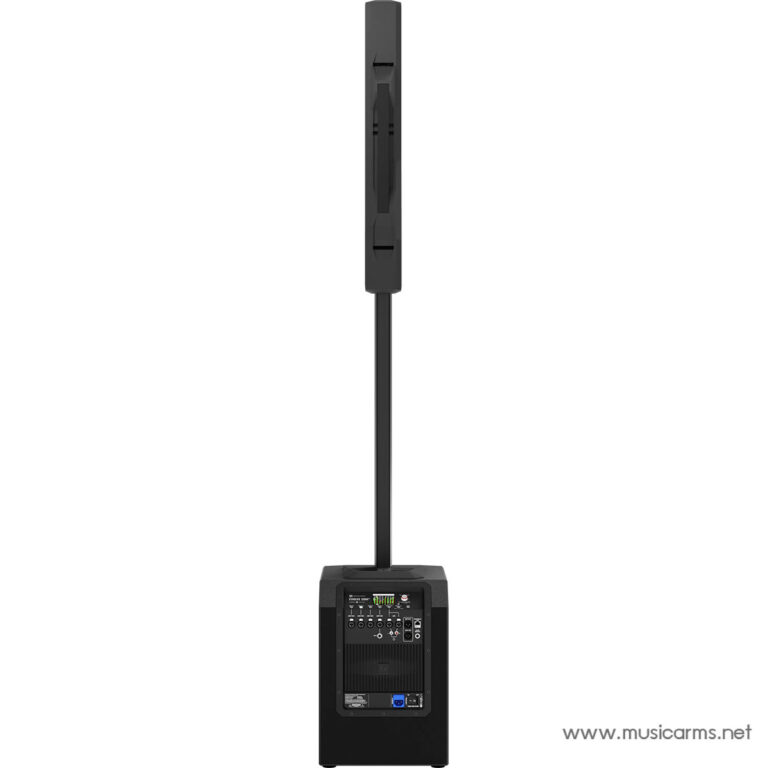 Powered speaker on a tall stand with a control panel at the base, facing forward on stage. ขายราคาพิเศษ