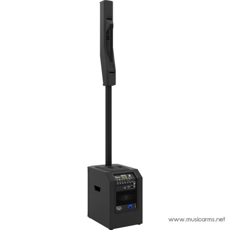Black portable PA speaker mounted on a tall stand above a compact powered subwoofer for live sound. ขายราคาพิเศษ