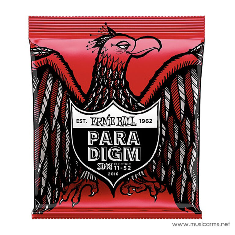 Front of Ernie Ball Paradigm guitar strings package in red/black, featuring a stylized eagle crest and PARADIGM text. ขายราคาพิเศษ