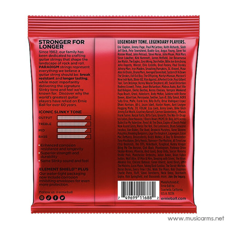 Red package back for Ernie Ball guitar strings, featuring 'Stronger for Longer' and 'Iconic Slinky Tone' text, small print, and a barcode. ขายราคาพิเศษ