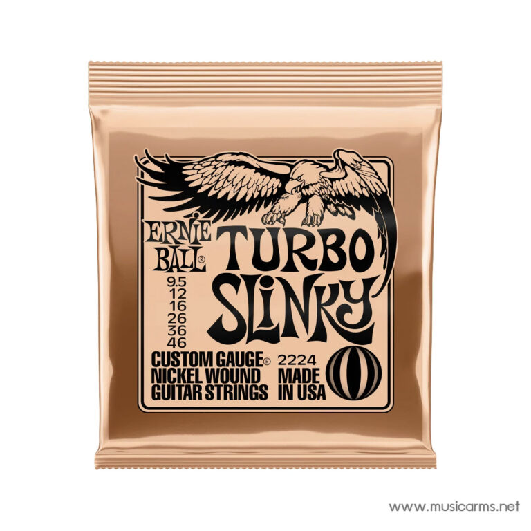 Copper-colored packet of Ernie Ball Turbo Slinky nickel-wound guitar strings, with custom gauges and USA-made labeling. ขายราคาพิเศษ