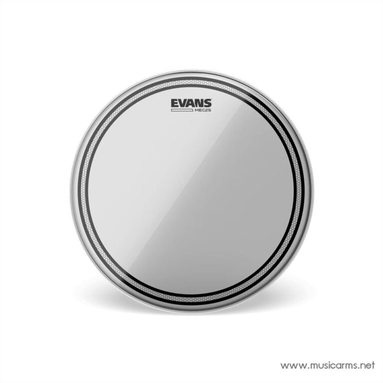Round silver Evans MEC2S drum practice pad on white background with reflective surface visibility of edge detail and logo displaying product name ขายราคาพิเศษ