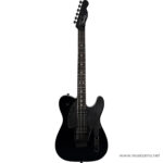 Black electric guitar with a Tele-style body, white binding, two humbucker pickups, and a locking tremolo bridge on a minimalist stage-ready look. ลดราคาพิเศษ