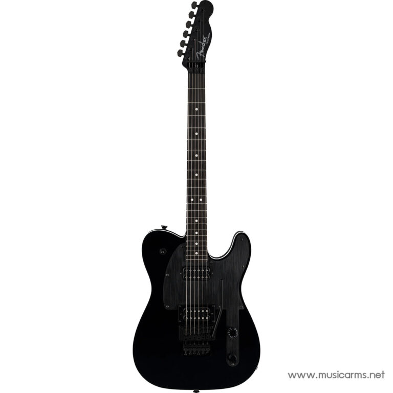 Black electric guitar with a Tele-style body, white binding, two humbucker pickups, and a locking tremolo bridge on a minimalist stage-ready look. ขายราคาพิเศษ