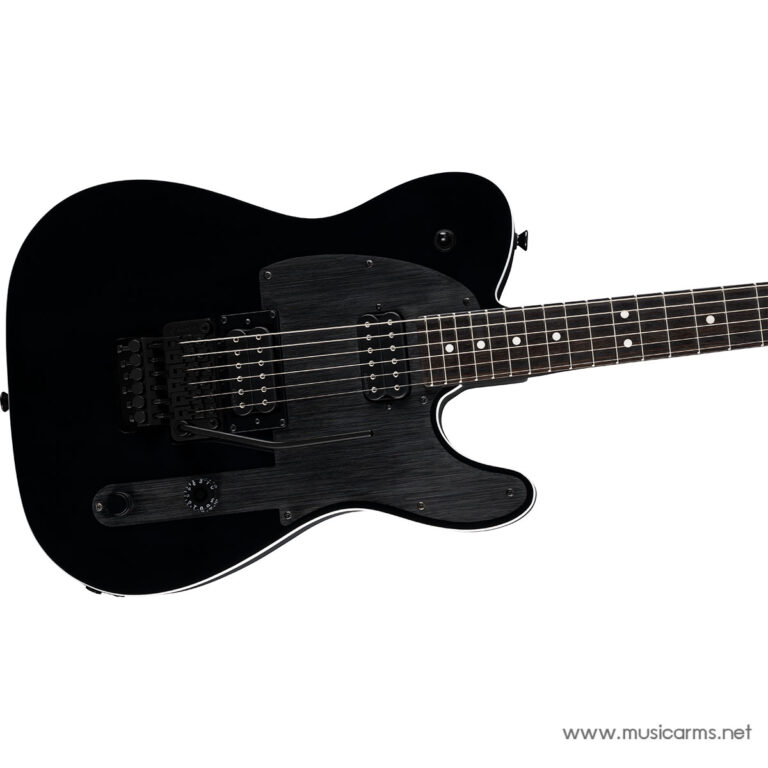 Black solid-body electric guitar with two humbucker pickups, dark wood fretboard, and a tremolo bridge on a white background ขายราคาพิเศษ
