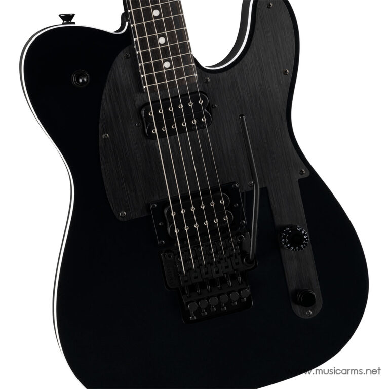 Close-up of a black solid-body electric guitar showing dual humbucker pickups, brushed pickguard, and a tremolo-style bridge surface. ขายราคาพิเศษ
