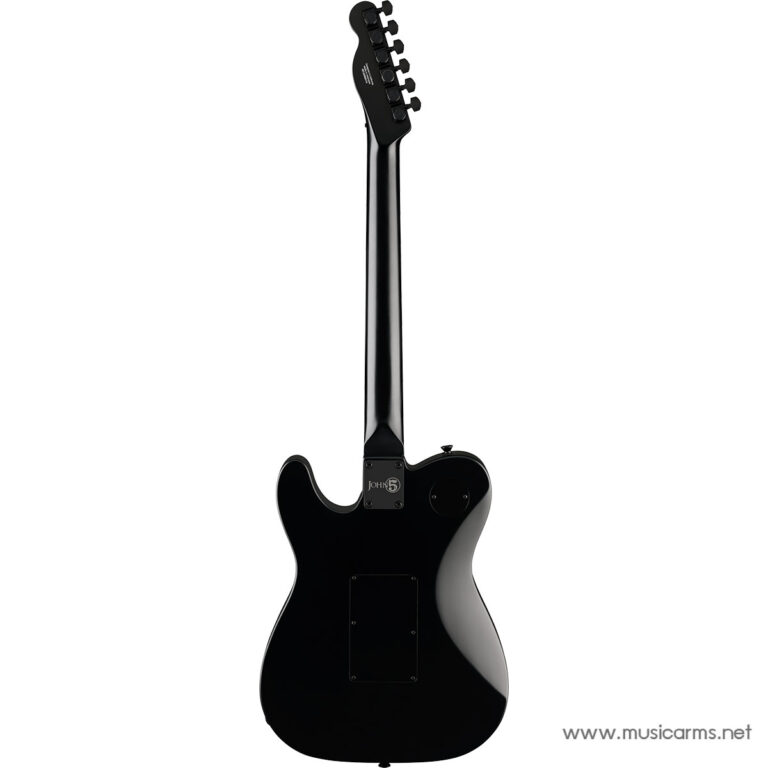 Rear view of a glossy black solid-body electric guitar: long neck, six-tuner headstock, back cavity plate, and minimal visible hardware on a white background. ขายราคาพิเศษ