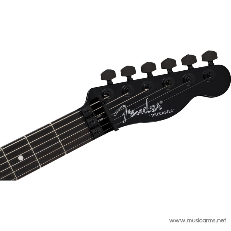 Close-up of a black Fender Telecaster guitar headstock with six tuning pegs and strings, Fender logo visible on the headstock. ขายราคาพิเศษ