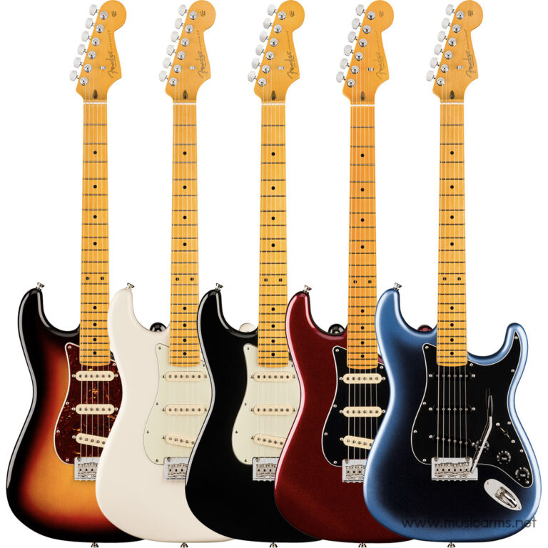 Five Fender Stratocaster electric guitars in sunburst, white, black, red, and blue arranged side by side. ขายราคาพิเศษ