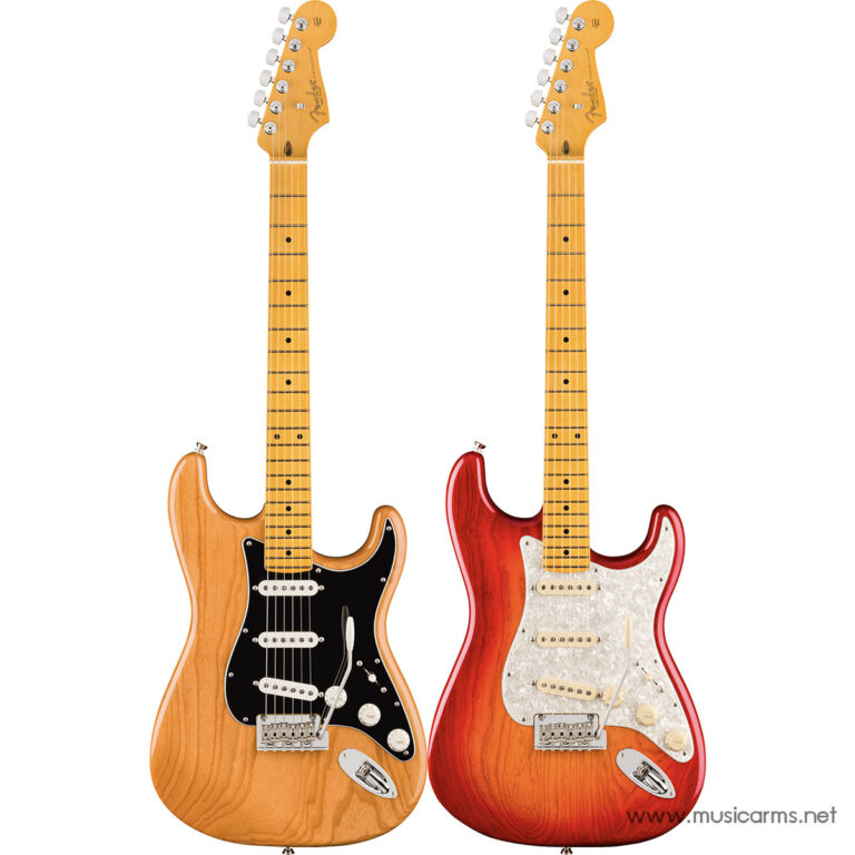 Two Stratocaster-style electric guitars side by side: natural wood finish with black pickguard on the left and red finish with white pearloid pickguard on the right. ขายราคาพิเศษ