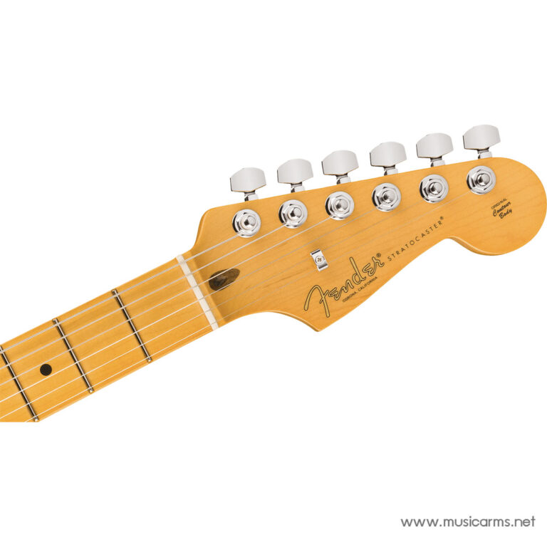 Close-up of a Fender Stratocaster headstock with six chrome tuning pegs on an orange maple neck, logo visible. ขายราคาพิเศษ