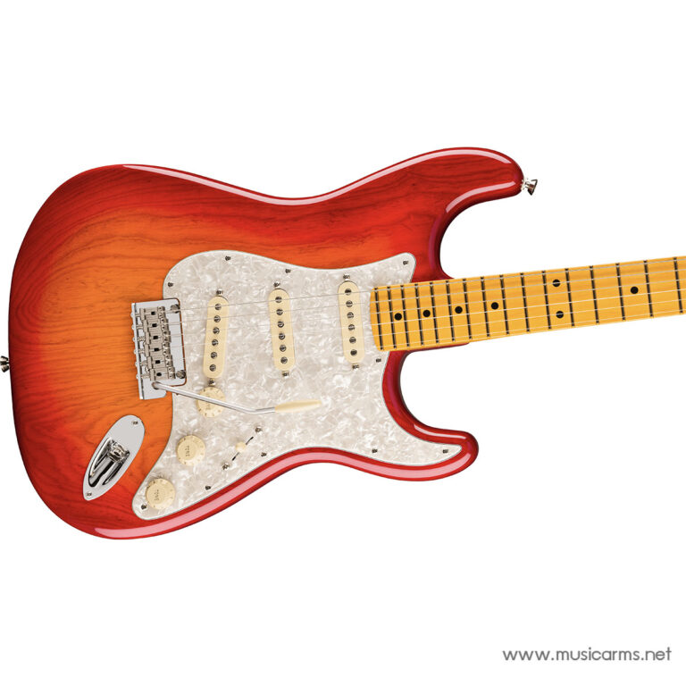 Red sunburst Fender-style electric guitar with a white pearloid pickguard and maple fretboard on a white background ขายราคาพิเศษ
