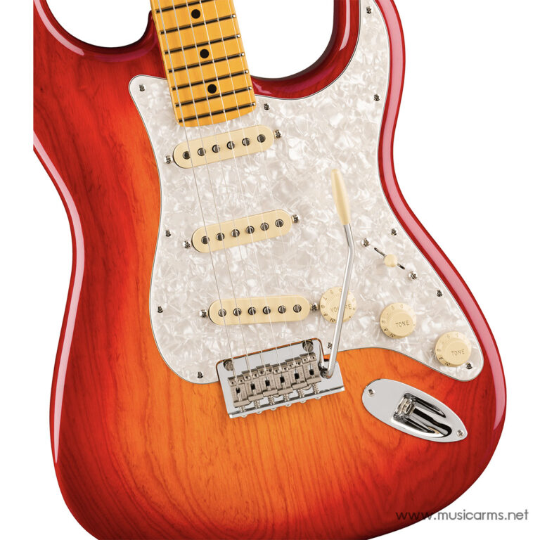 Red sunburst electric guitar with a pearloid white pickguard, three cream pickups, and a tremolo bridge (focus on guitar body). ขายราคาพิเศษ