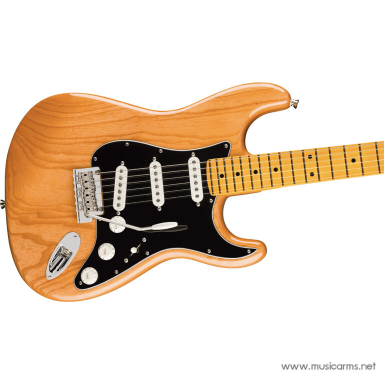Orange electric guitar with a black pickguard and three single-coil pickups on a maple neck. ขายราคาพิเศษ
