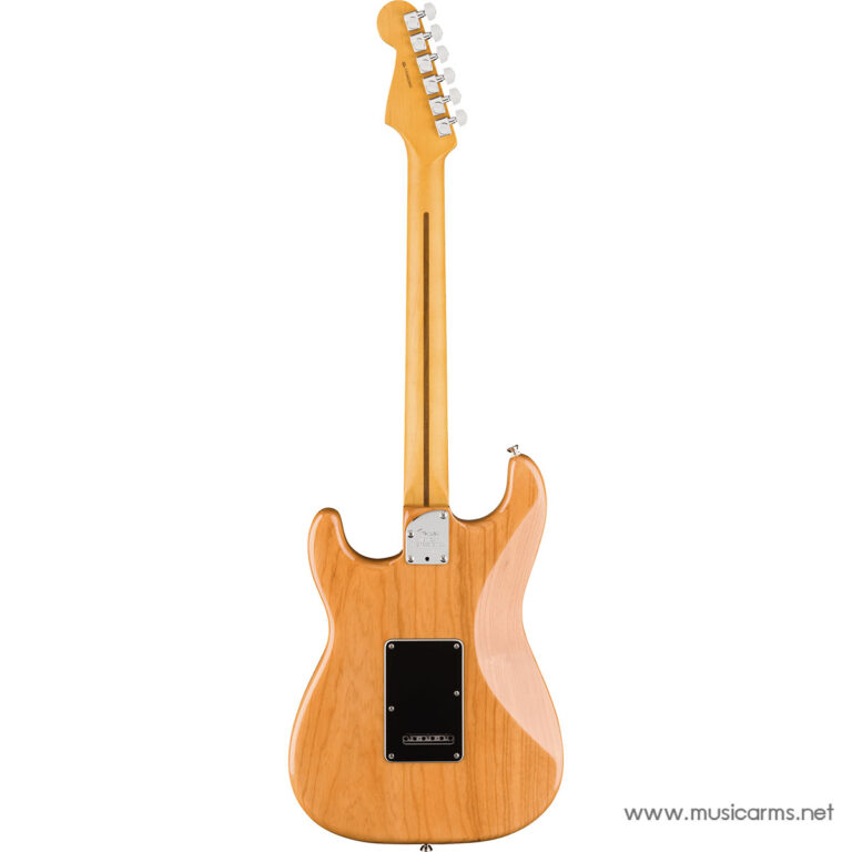 Back view of a natural wood electric guitar, showing neck and headstock with six tuning pegs, and a rear plate on the body ขายราคาพิเศษ