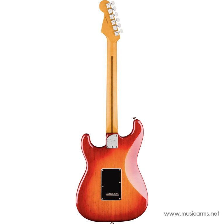 Back view of a red sunburst electric guitar with a maple neck and chrome hardware on a white background, showing the rear cavity cover edge detail. ขายราคาพิเศษ