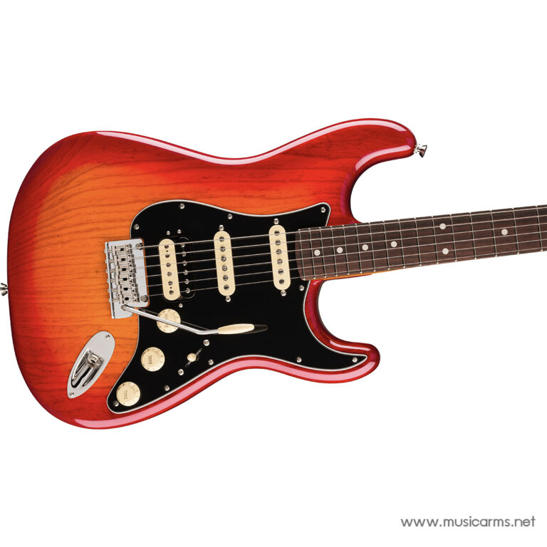 Red sunburst electric guitar with black pickguard and cream pickups. ขายราคาพิเศษ