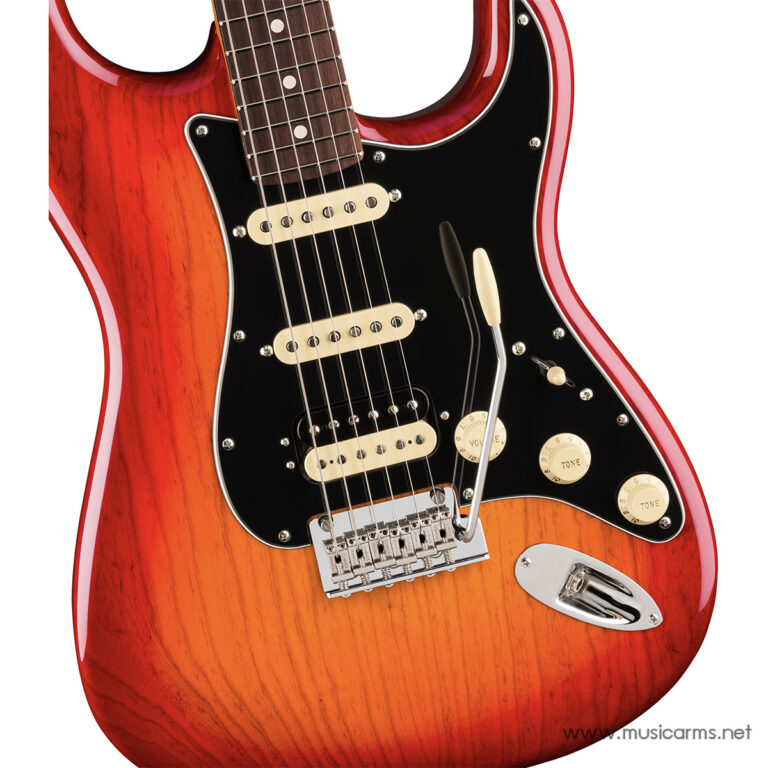 Red sunburst electric guitar with a black pickguard, cream pickups, and a tremolo bar on a bright orange-to-red wood grain body (Stratocaster-style). • Informative image for a guitar product page. ขายราคาพิเศษ