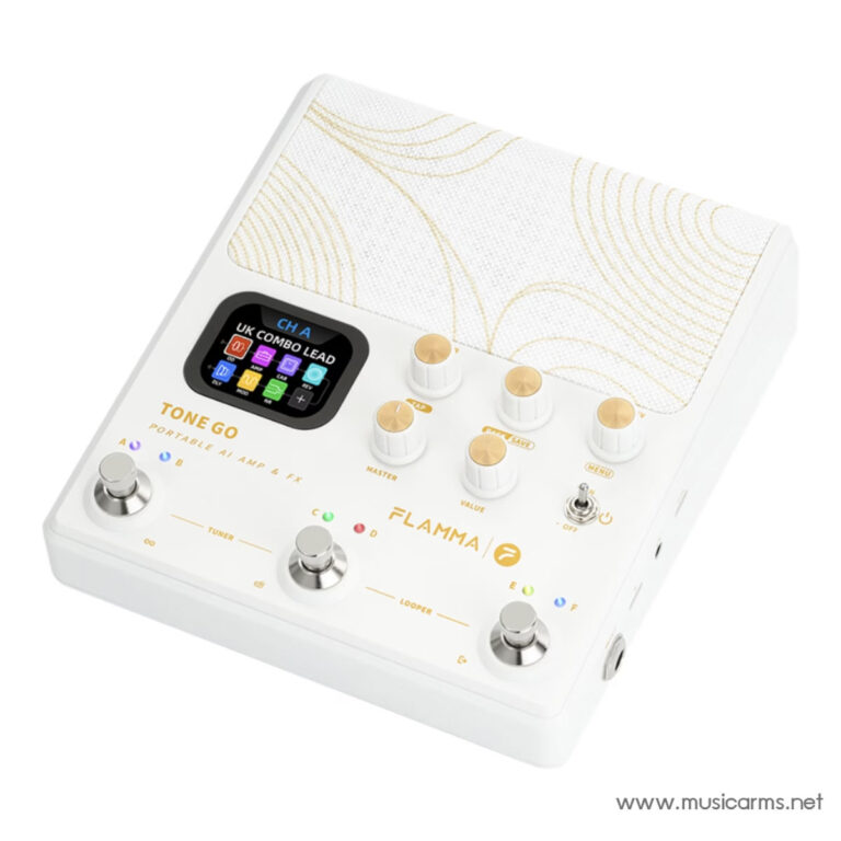 White Tone Go portable AI guitar amp and FX pedal with touchscreen, gold knobs, and footswitches on a white chassis. ขายราคาพิเศษ