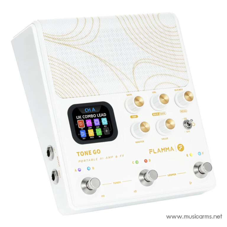 Portable white Tone Go AI amp and FX pedal for guitar, with a small color touchscreen and gold knobs on the front panel ขายราคาพิเศษ