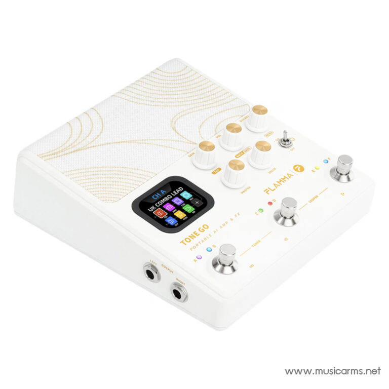 White portable guitar effects pedal with a color touchscreen, gold knobs, and multiple footswitches; branded Flamma Tone Go with input/output jacks on the side. ขายราคาพิเศษ
