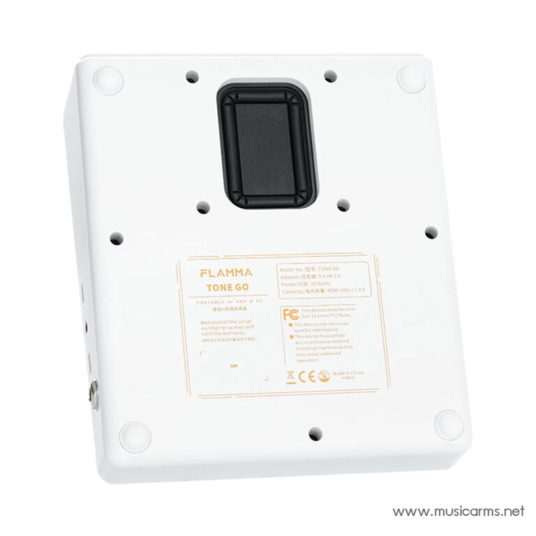 Bottom view of a white portable device with a black rectangular switch and an orange FLAMMA TONE GO label detailing specs. ขายราคาพิเศษ