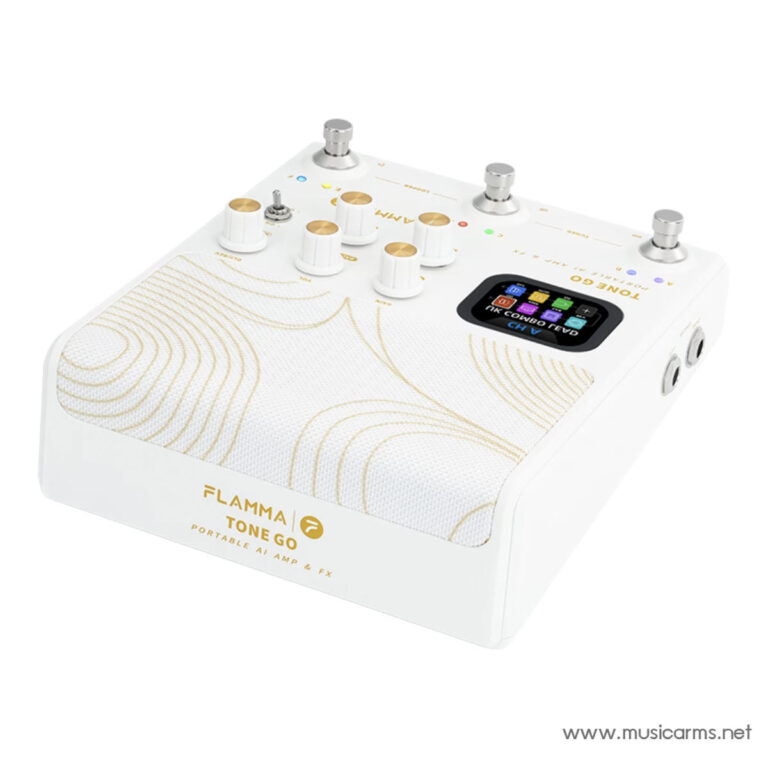 White Flamma Tone Go portable amp/effects unit, angled view, with multiple gold-knob controls and a small color touchscreen display on the right signature branding visible. ขายราคาพิเศษ
