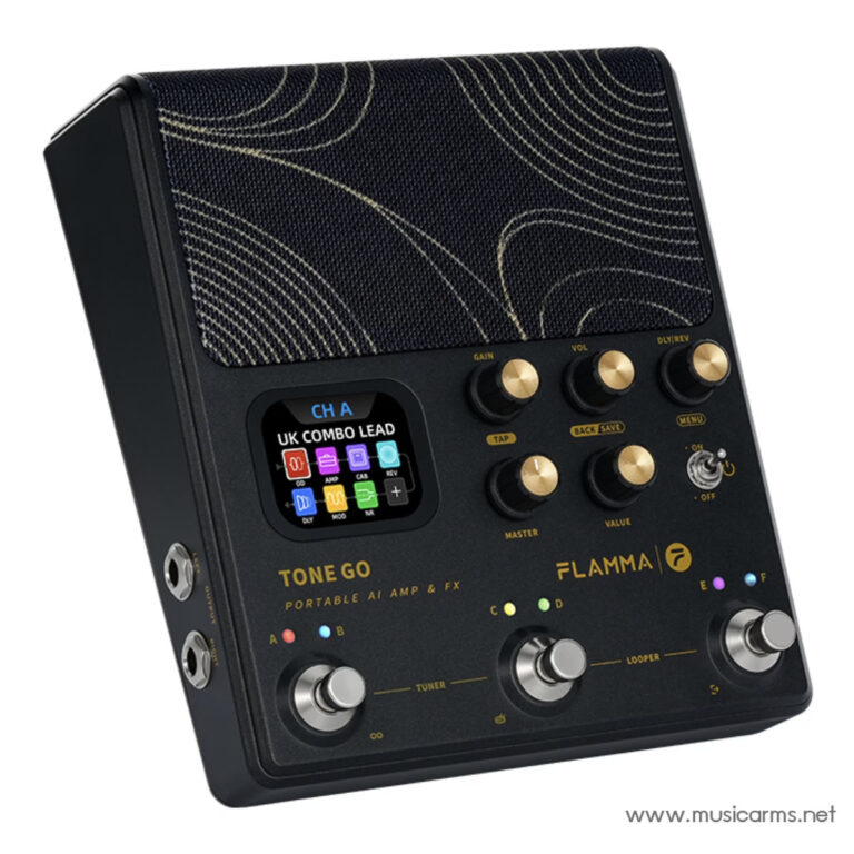 Portable AI guitar amp and effects pedal with small color display, knobs, and speaker grille (Tone Go by Flamma) ขายราคาพิเศษ