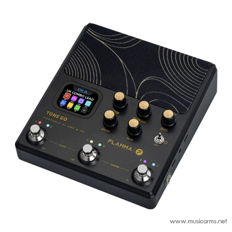 Compact guitar effects pedal with a small touchscreen, gold knobs, and a patterned fold-out pedal surface for amp and effects (Tone Go by Flamma). ขายราคาพิเศษ