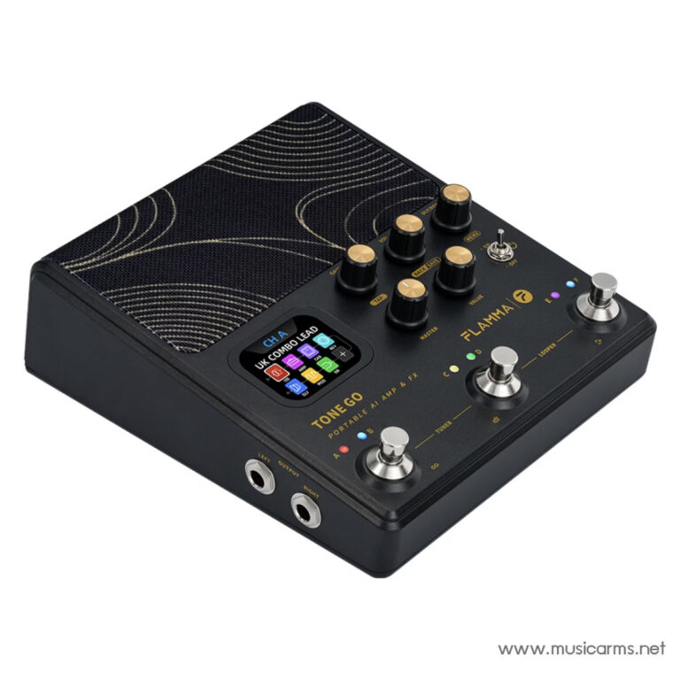 Flamma Tone Go portable AI guitar effects pedal with touchscreen, six knobs, two footswitches, and input/output jacks on a dark unit. ขายราคาพิเศษ