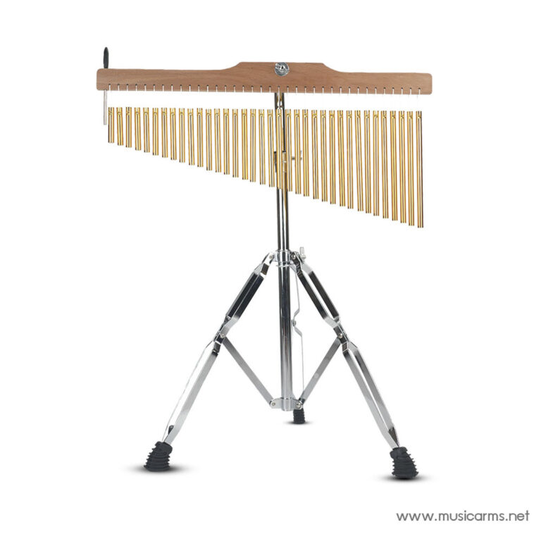 Set of golden metal chimes hanging from a wooden bar mounted on a silver tripod stand (percussion instrument). ขายราคาพิเศษ