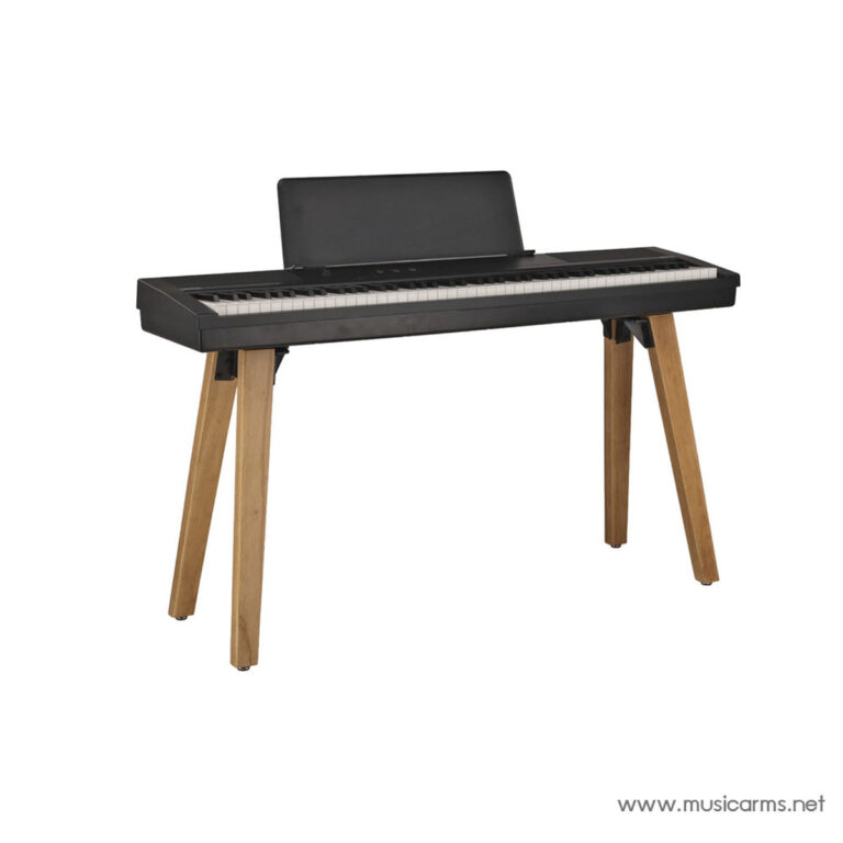 Electric keyboard on a wooden angled-leg stand with a backboard and white keys visible, against a white background. ขายราคาพิเศษ