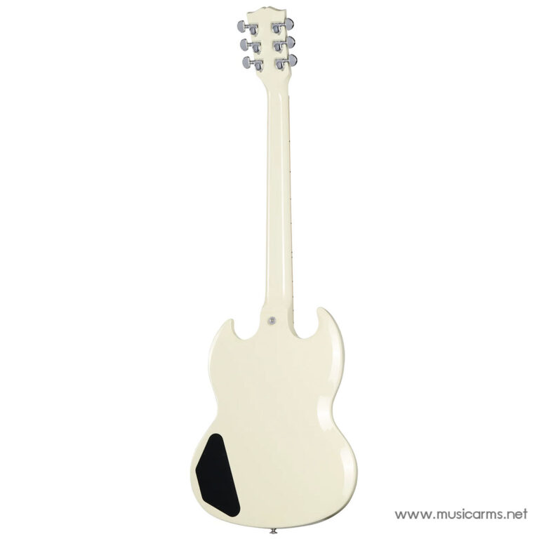 Back view of a cream-colored double-cutaway electric guitar, with a black control cavity cover on the lower body and the neck extending upward. ขายราคาพิเศษ