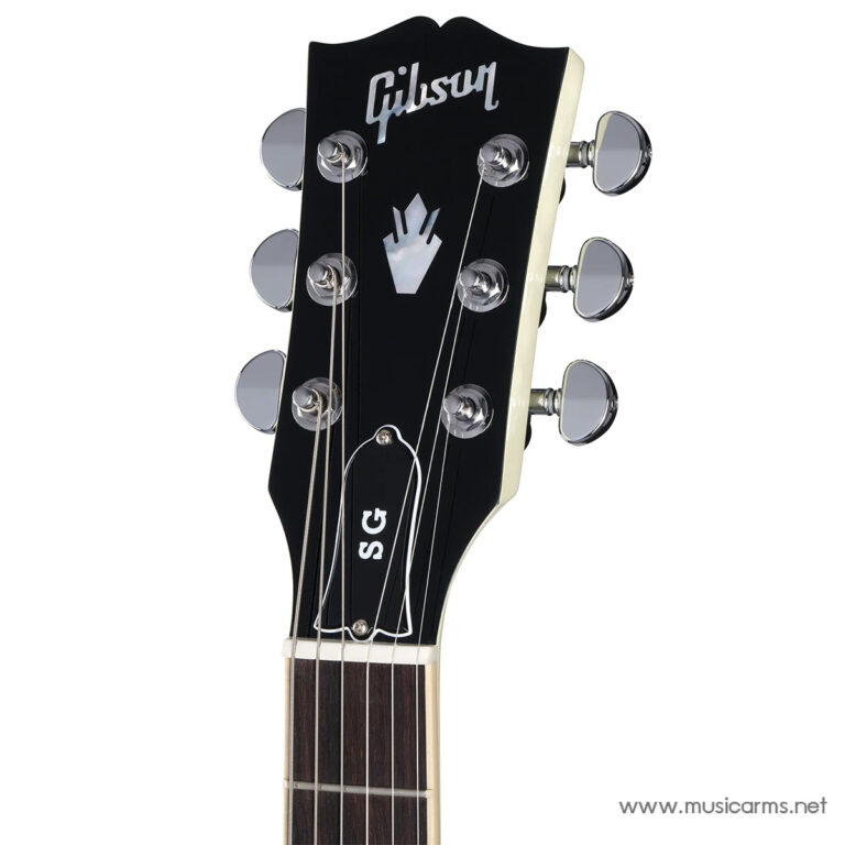 Close-up of a black Gibson SG guitar headstock with six chrome tuners and strings, showing the Gibson logo and inlay. ขายราคาพิเศษ