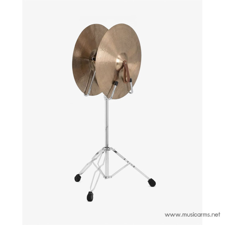 Double cymbal stand with two bronze cymbals mounted on a chrome wheeled tripod base ขายราคาพิเศษ