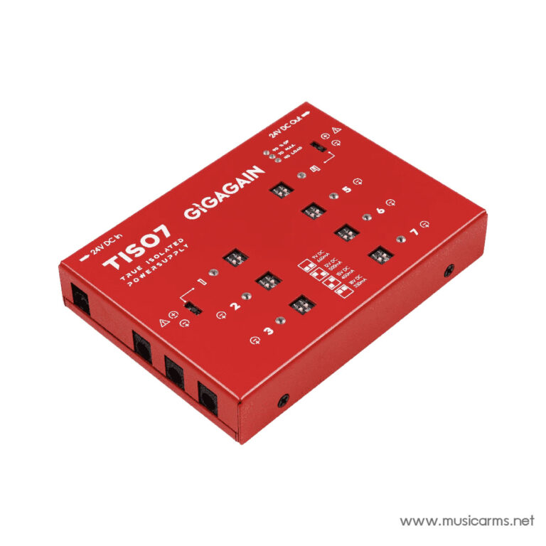 Red TIS07 GigAGain seven-output pedal power supply with 24V DC input and multiple connectors. ขายราคาพิเศษ