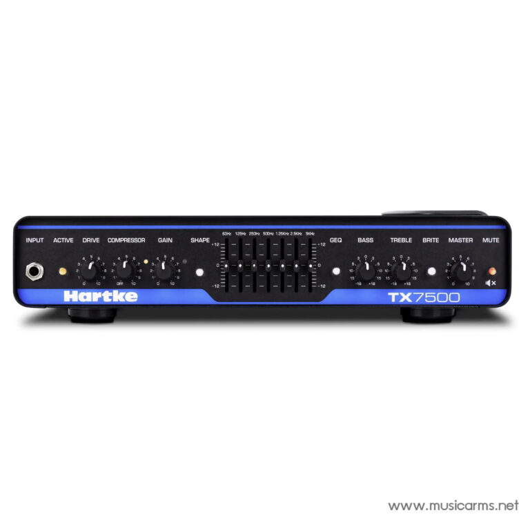Front view of a Hartke TX7500 bass amplifier front panel with input jack, knobs, and a graphic EQ section on a blue branding strip at the bottom. ขายราคาพิเศษ