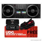 Dual-turntable DJ controller and mixer with a red UDG backpack and black DJ shoes on a red promotional mat. ลดราคาพิเศษ