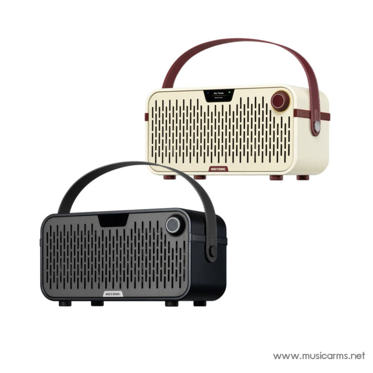 Two vintage-style portable radios with perforated front grills and leather handles, one cream with a red handle and one dark gray with a gray handle, displayed on a white background. ขายราคาพิเศษ