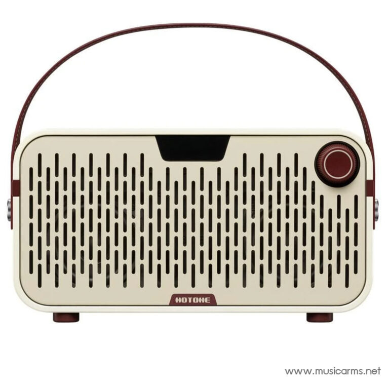 Beige retro portable radio with a red carrying handle, front perforated grille, and a red tuning knob on the right near the logo. ขายราคาพิเศษ