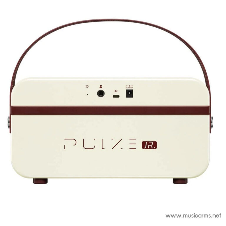 Vintage-style portable speaker with a cream body, red band and curved red handle, front view with small control jack and USB port visible. ขายราคาพิเศษ