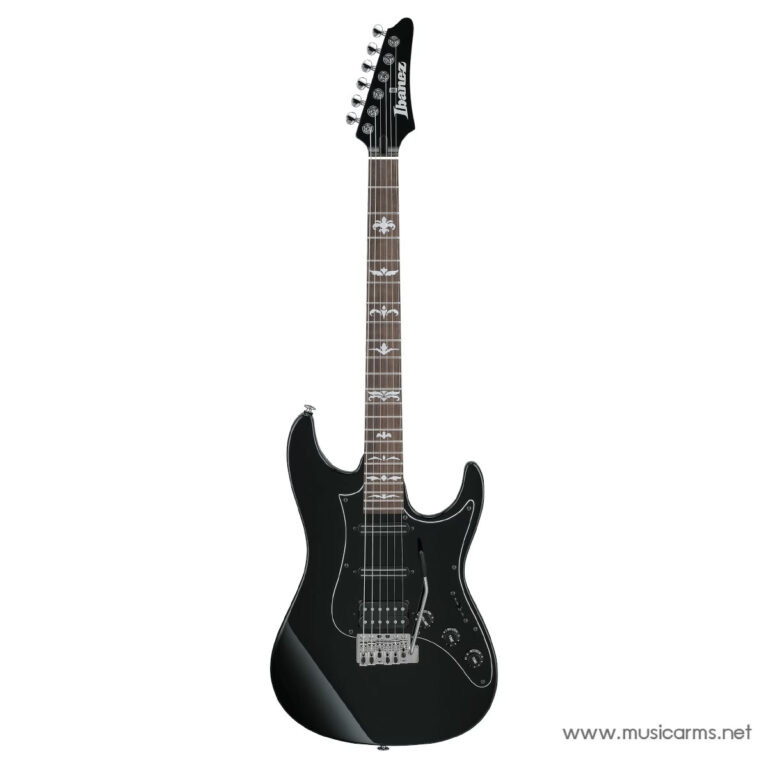 Black Ibanez electric guitar with ornate white fretboard inlays and chrome hardware on a white backdrop ขายราคาพิเศษ