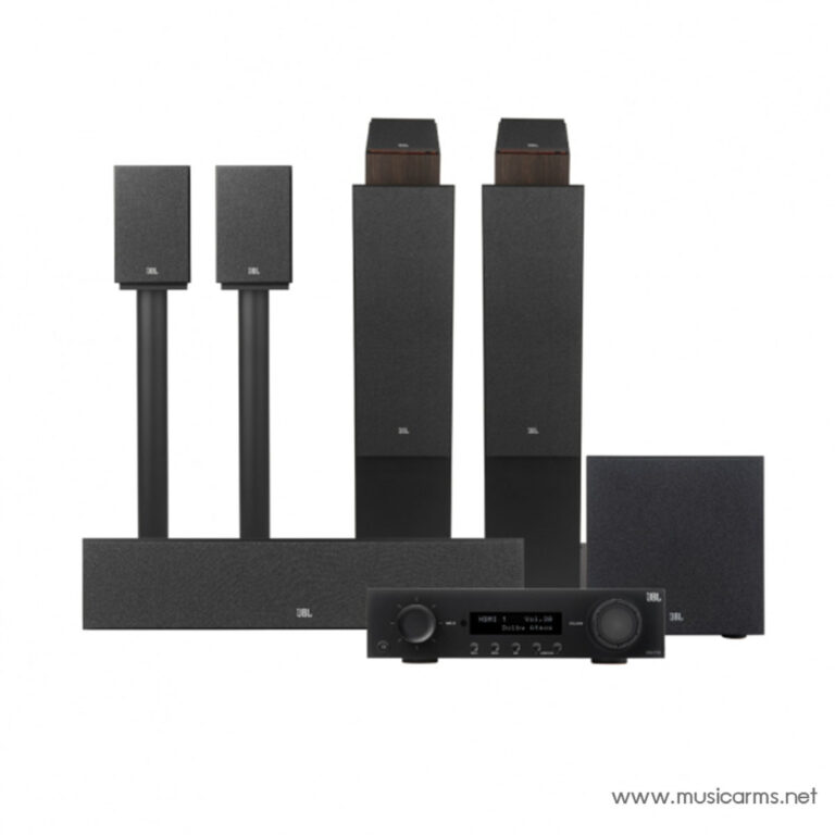 JBL 5.1 surround speaker system with receiver and subwoofer in black finish on a white background ขายราคาพิเศษ