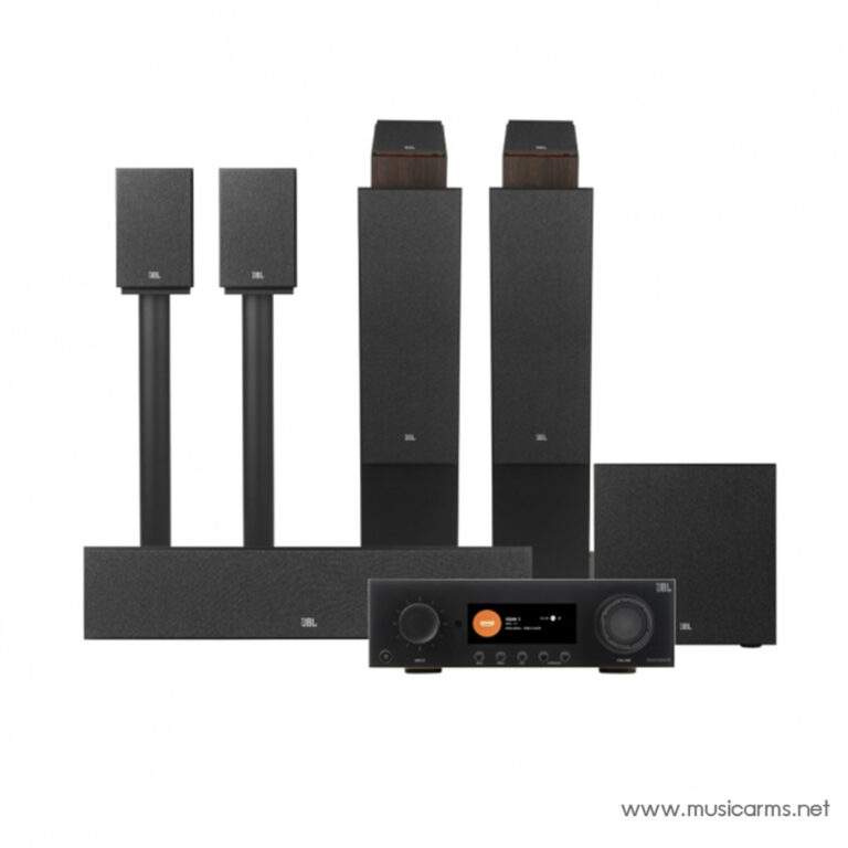 JBL 5.1 home theater system with a soundbar, two tall floor speakers, two satellite speakers on stands, a subwoofer, and a receiver (black finish). ขายราคาพิเศษ