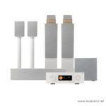 White home theater system with a soundbar, two tall floor speakers, a subwoofer, a center speaker, and a compact receiver/display unit. ลดราคาพิเศษ