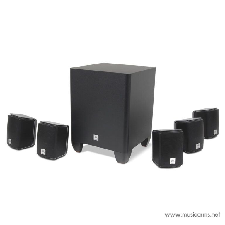 Six JBL satellite speakers surround a large black subwoofer on a white background, forming a home theater system. ขายราคาพิเศษ