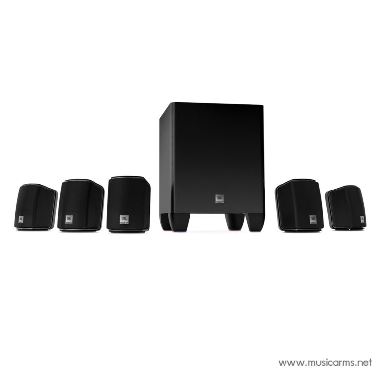 JBL black 5.1 home theater speaker system with a central subwoofer and five satellite speakers arranged in a row ขายราคาพิเศษ