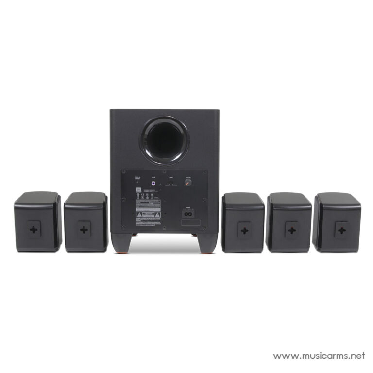 Back view of a black subwoofer with six small satellite speakers arranged around it for a home theater system; rear panel with controls visible on the subwoofer. ขายราคาพิเศษ