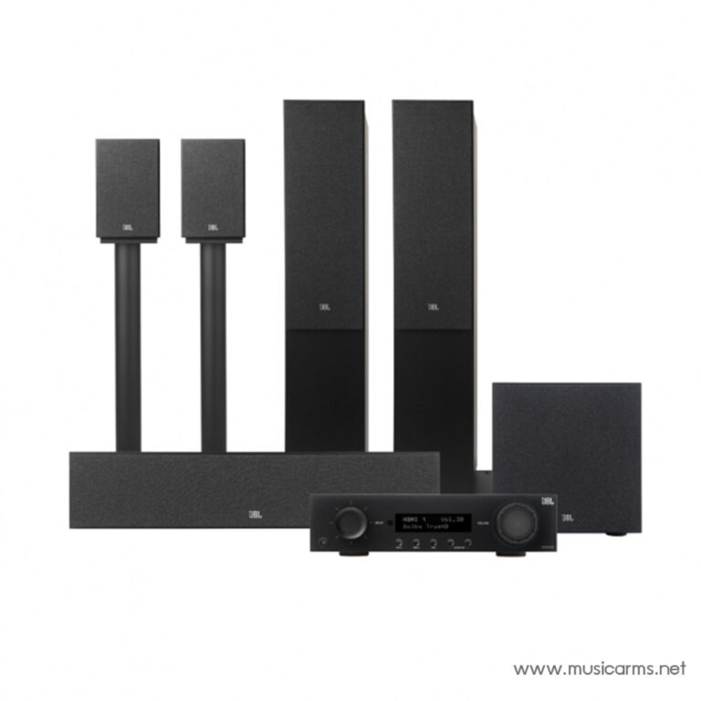 Black JBL home theater speaker system with a soundbar, two tall floor-standing speakers, and two compact satellite speakers on stands, plus a receiver in front (all in black). ขายราคาพิเศษ