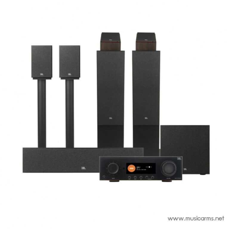 JBL 5.1 surround sound system with two tall floor speakers, two satellite speakers, a soundbar, a subwoofer, and a receiver in black finishes. ขายราคาพิเศษ